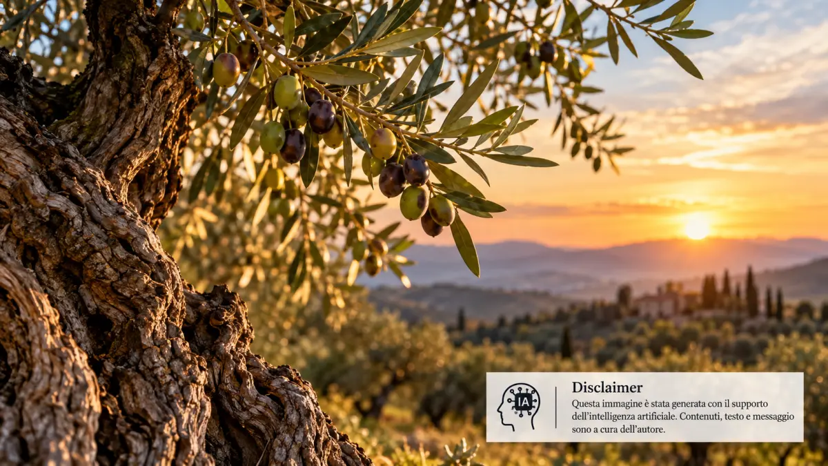 Olivo secolare con olive mature al tramonto nel paesaggio mediterraneo