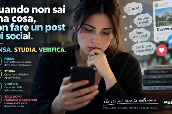 Persona riflette prima di pubblicare o condividere un contenuto sui social