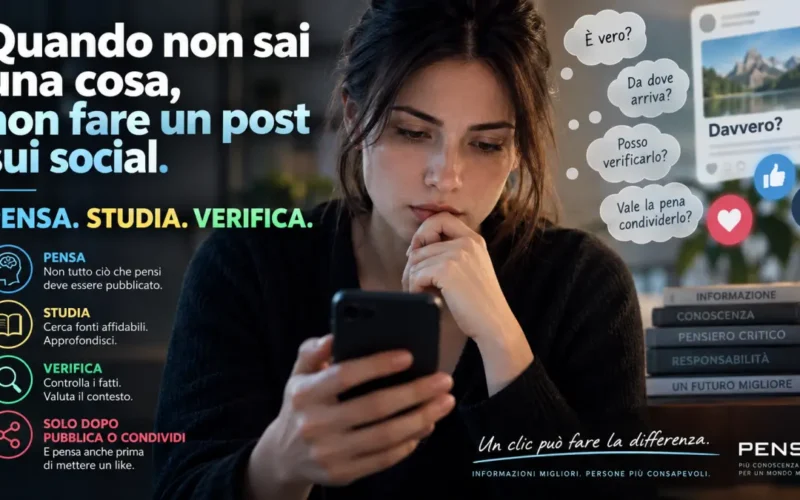 Persona riflette prima di pubblicare o condividere un contenuto sui social
