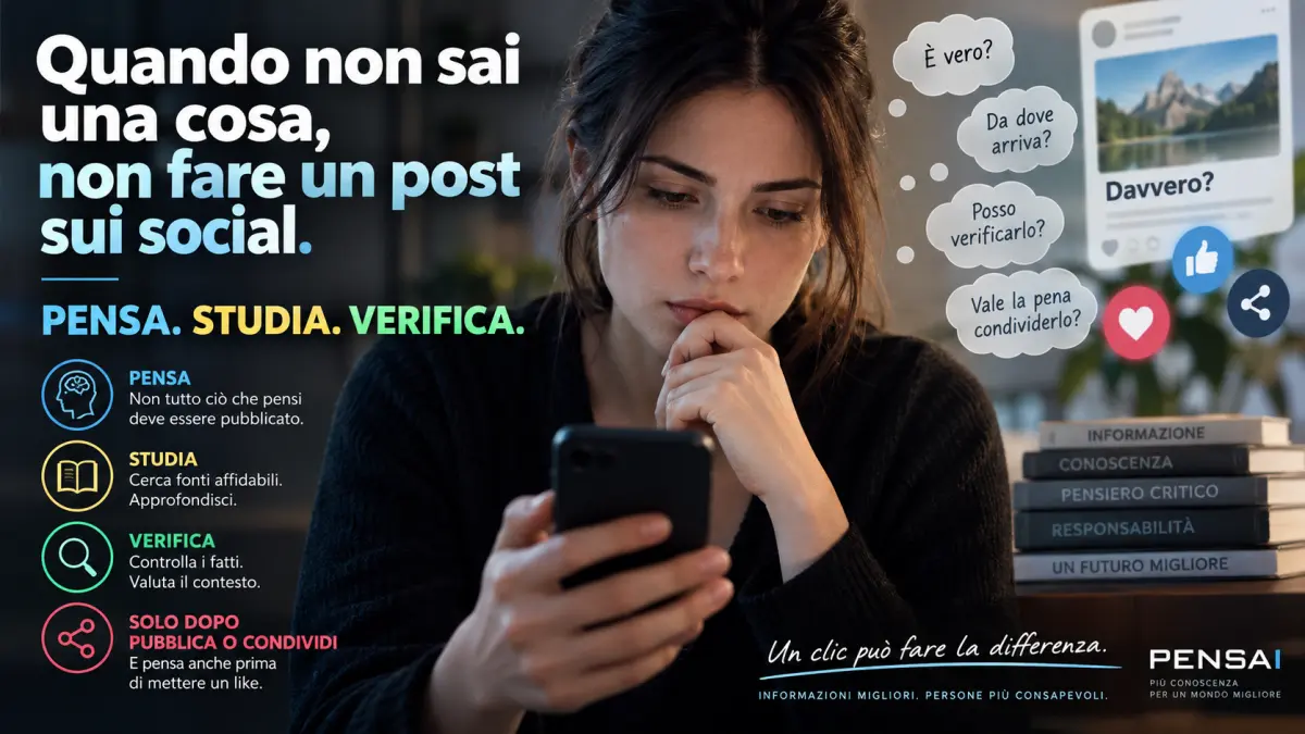 Persona riflette prima di pubblicare o condividere un contenuto sui social