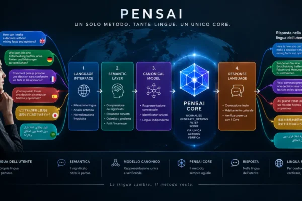 Architettura multilingue di PENSAI con lingue diverse e un unico PENSAI Core