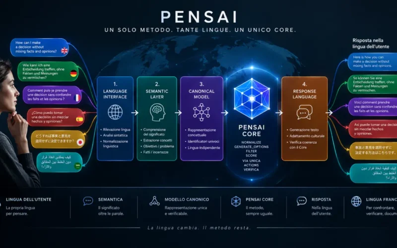 Architettura multilingue di PENSAI con lingue diverse e un unico PENSAI Core