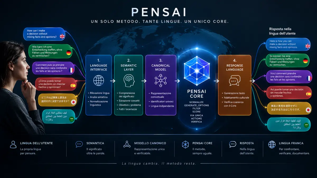 Architettura multilingue di PENSAI con lingue diverse e un unico PENSAI Core