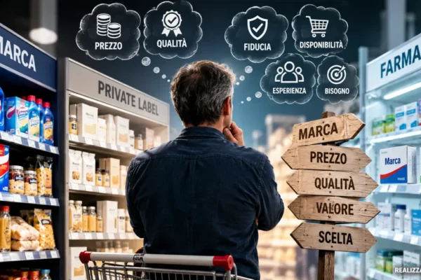 Consumatore valuta marca, prezzo, qualità e valore prima di scegliere tra prodotti di marca, private label e farmaci.