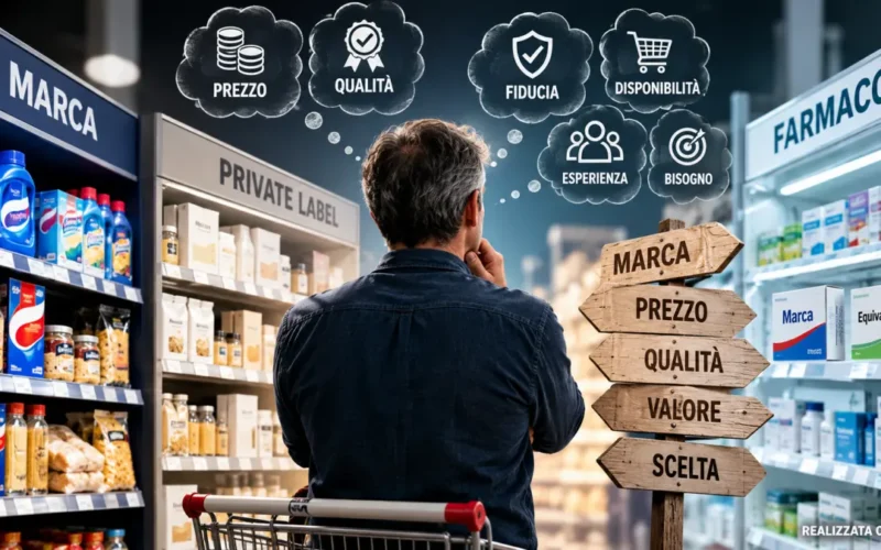 Consumatore valuta marca, prezzo, qualità e valore prima di scegliere tra prodotti di marca, private label e farmaci.