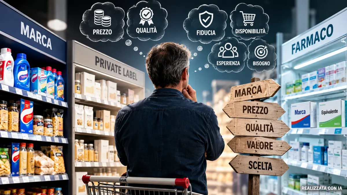 Consumatore valuta marca, prezzo, qualità e valore prima di scegliere tra prodotti di marca, private label e farmaci.