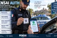 PENSAI AUTH con agente di polizia e cittadino che verificano digitalmente l'identità dell'operatore