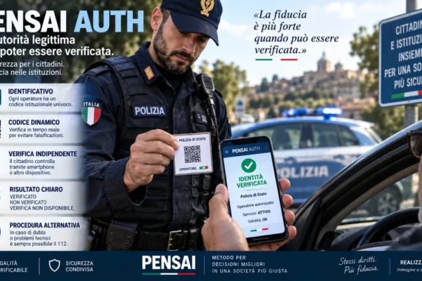 PENSAI AUTH con agente di polizia e cittadino che verificano digitalmente l'identità dell'operatore