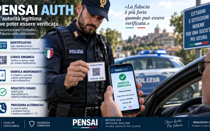 PENSAI AUTH con agente di polizia e cittadino che verificano digitalmente l'identità dell'operatore