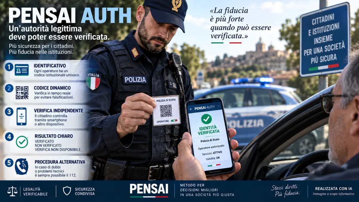 PENSAI AUTH con agente di polizia e cittadino che verificano digitalmente l'identità dell'operatore