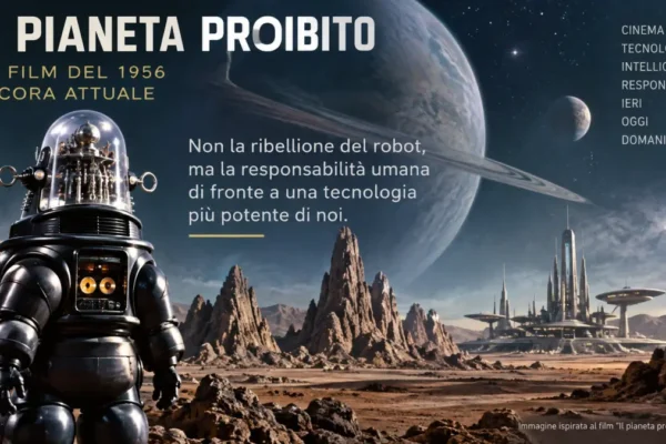 Robby il robot ne Il pianeta proibito del 1956, simbolo del rapporto tra intelligenza artificiale, robotica e responsabilità umana