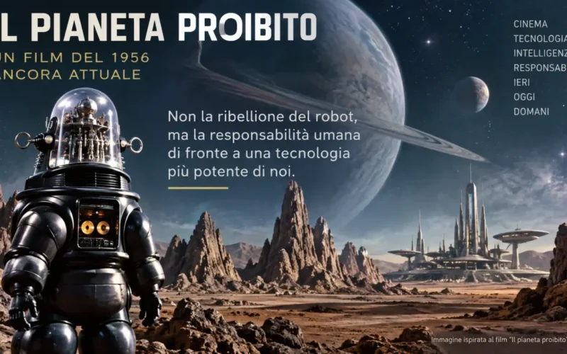 Robby il robot ne Il pianeta proibito del 1956, simbolo del rapporto tra intelligenza artificiale, robotica e responsabilità umana