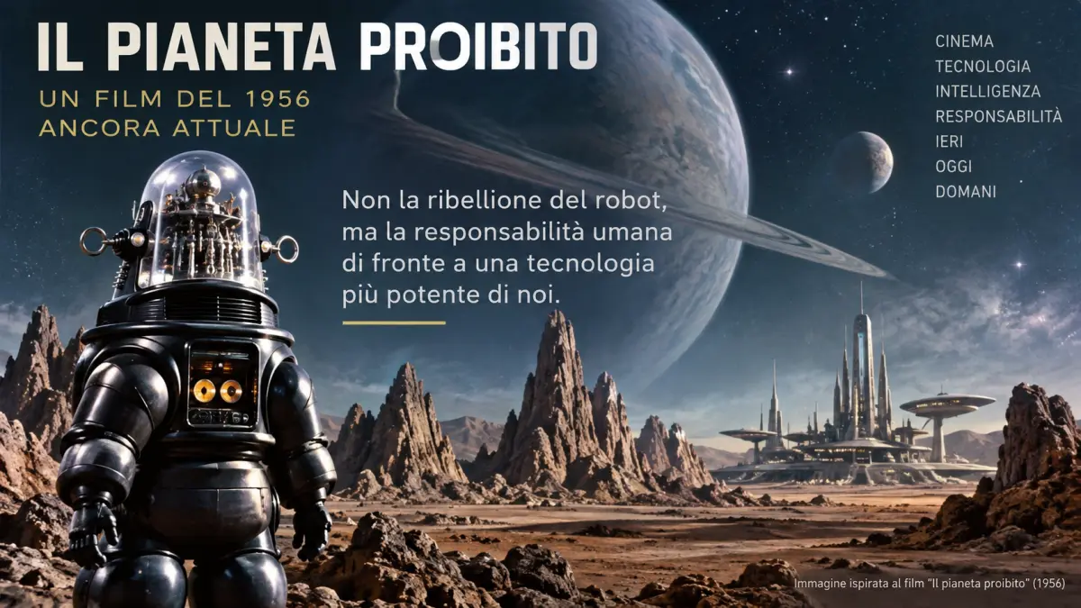 Robby il robot ne Il pianeta proibito del 1956, simbolo del rapporto tra intelligenza artificiale, robotica e responsabilità umana