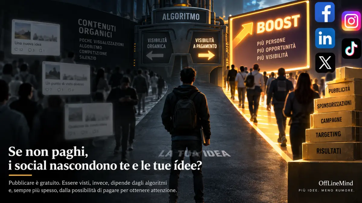 Se non paghi, i social nascondono te e le tue idee: algoritmo, visibilità organica e pubblicità