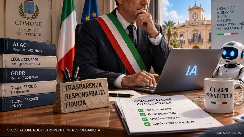 Sindaco con fascia tricolore e IA nella comunicazione pubblica