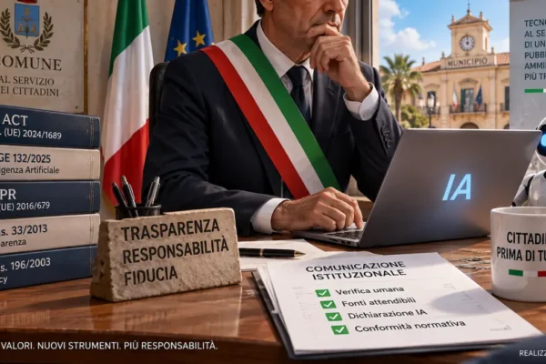 Sindaco con fascia tricolore e IA nella comunicazione pubblica