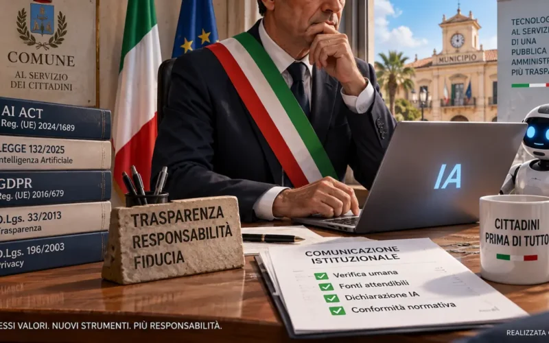 Sindaco con fascia tricolore e IA nella comunicazione pubblica