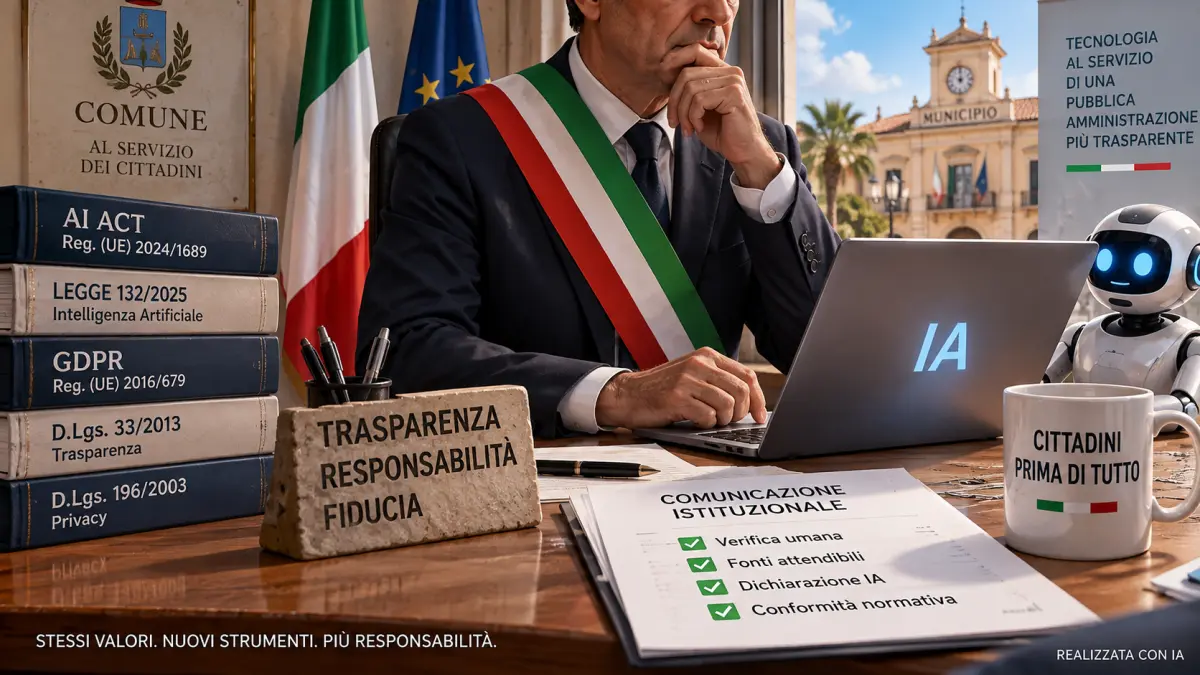 Sindaco con fascia tricolore e IA nella comunicazione pubblica