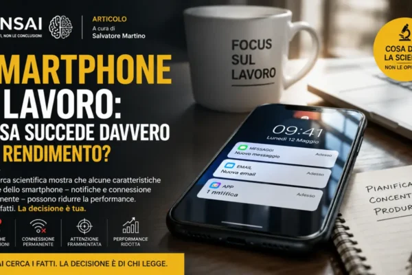 Smartphone accanto a una postazione di lavoro, simbolo del rapporto tra connessione, attenzione e rendimento