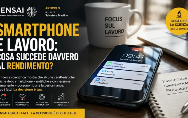 Smartphone accanto a una postazione di lavoro, simbolo del rapporto tra connessione, attenzione e rendimento
