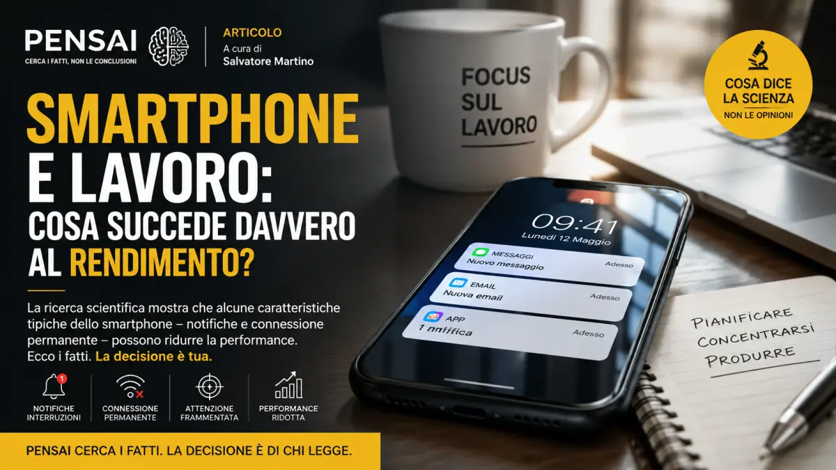 Smartphone accanto a una postazione di lavoro, simbolo del rapporto tra connessione, attenzione e rendimento