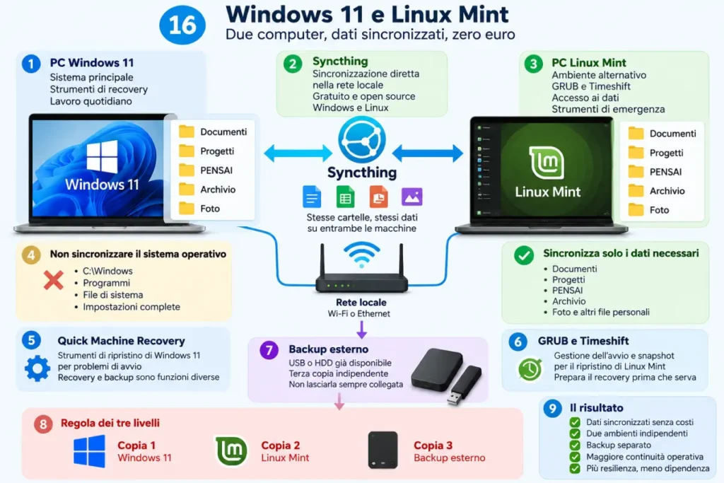 Infografica che mostra Windows 11 e Linux Mint su due computer distinti, collegati da Syncthing sulla rete locale e affiancati da un backup esterno.