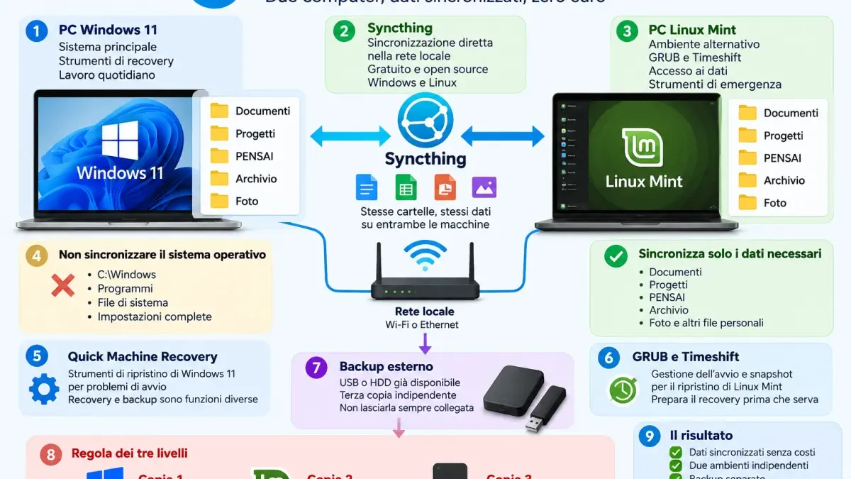 Infografica che mostra Windows 11 e Linux Mint su due computer distinti, collegati da Syncthing sulla rete locale e affiancati da un backup esterno.
