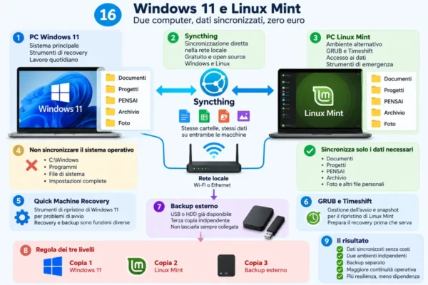 Infografica che mostra Windows 11 e Linux Mint su due computer distinti, collegati da Syncthing sulla rete locale e affiancati da un backup esterno.