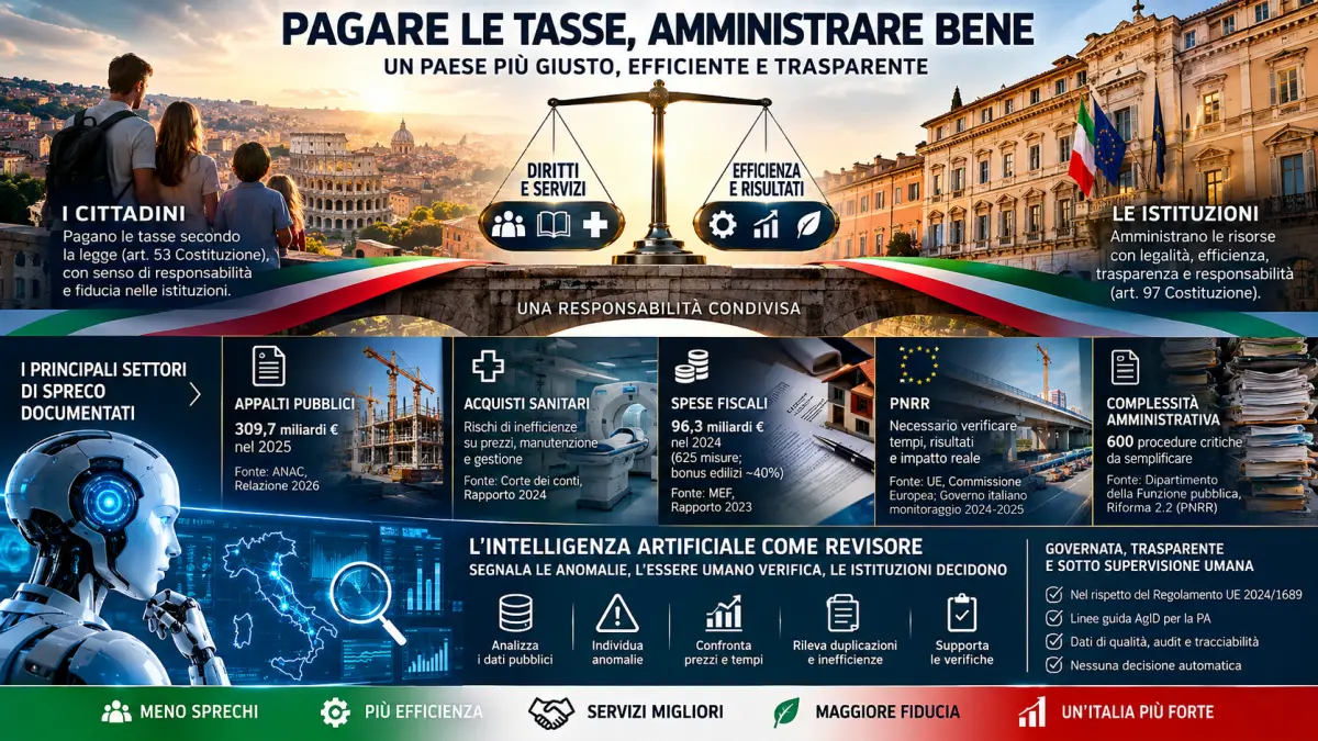 Pagare le tasse e amministrare bene: sprechi pubblici, efficienza e IA come revisore governato