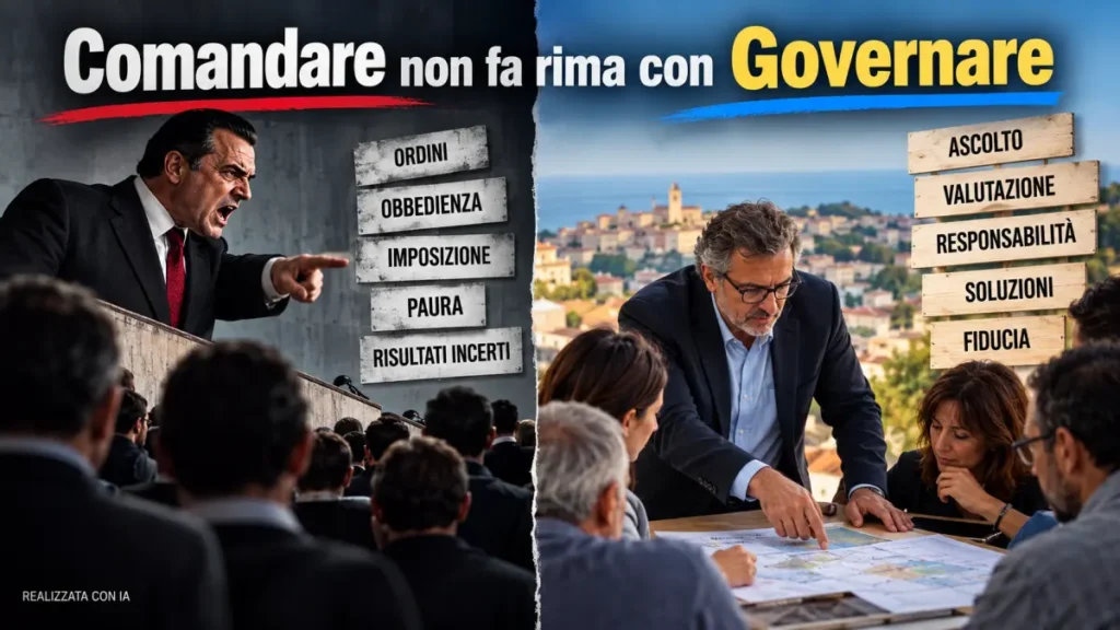 Differenza tra comandare e governare: imposizione degli ordini contrapposta ad ascolto, responsabilità e collaborazione.