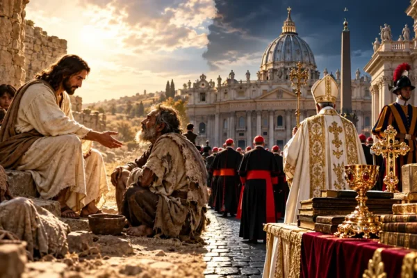 Gesù aiuta un povero mentre sullo sfondo si contrappongono la ricchezza e il potere istituzionale della Chiesa.