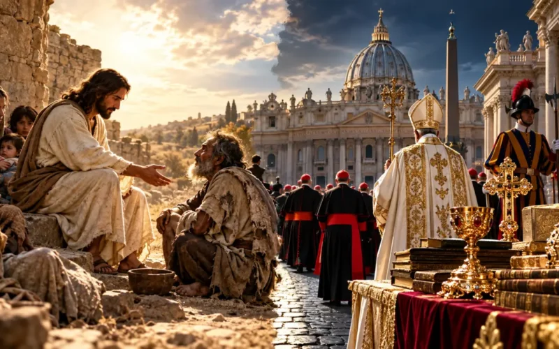 Gesù aiuta un povero mentre sullo sfondo si contrappongono la ricchezza e il potere istituzionale della Chiesa.