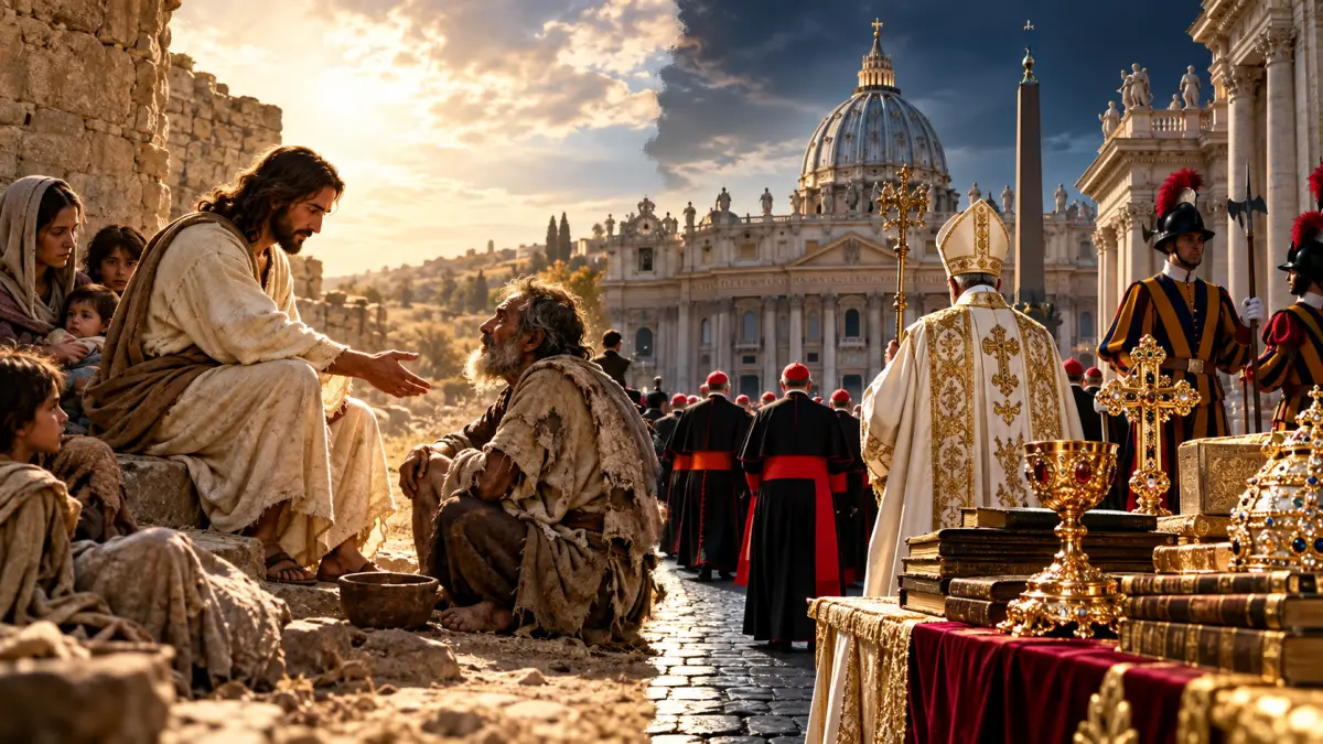 Gesù aiuta un povero mentre sullo sfondo si contrappongono la ricchezza e il potere istituzionale della Chiesa.