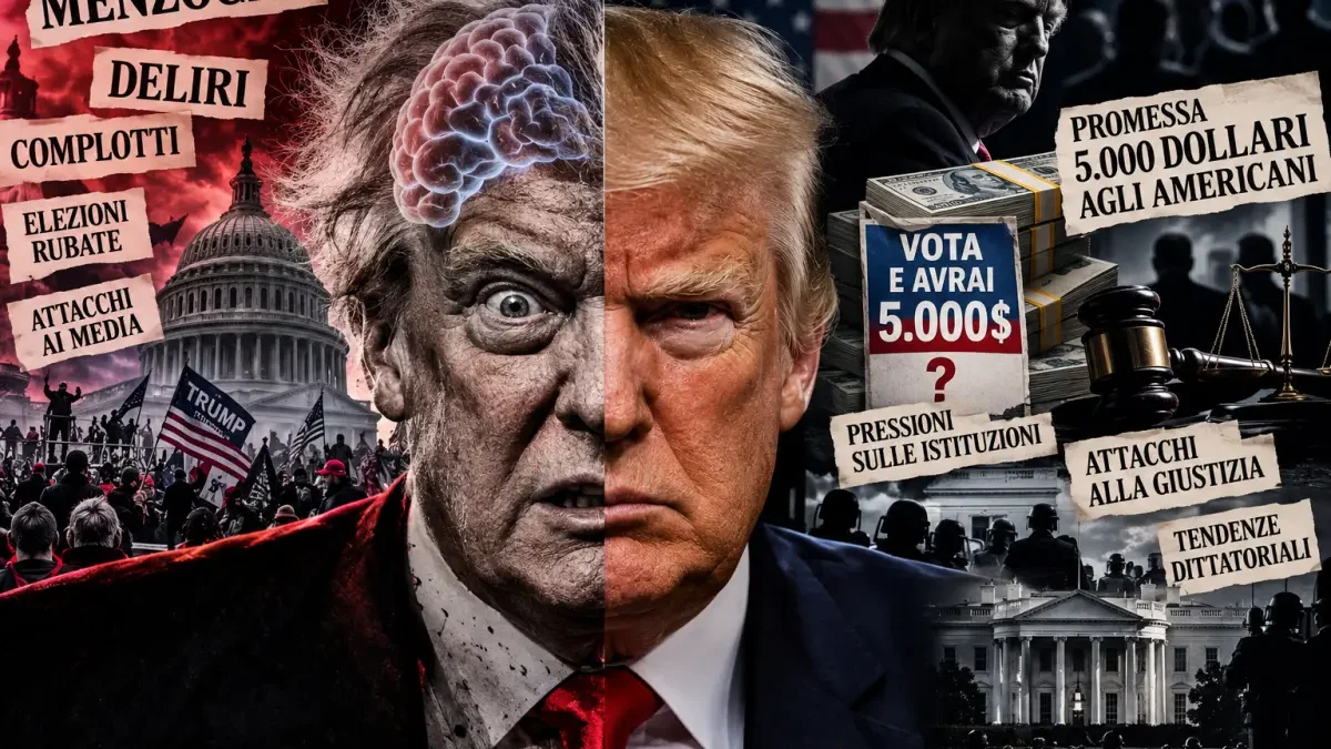 Donald Trump al centro di un collage editoriale su dichiarazioni contestate, elezioni, promessa di 5.000 dollari, pressioni sulle istituzioni e tendenze autoritarie.