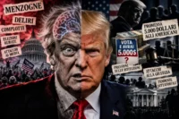 Donald Trump al centro di un collage editoriale su dichiarazioni contestate, elezioni, promessa di 5.000 dollari, pressioni sulle istituzioni e tendenze autoritarie.
