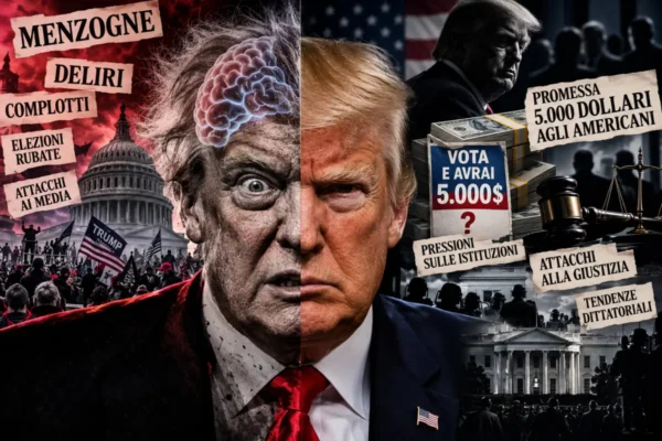 Donald Trump al centro di un collage editoriale su dichiarazioni contestate, elezioni, promessa di 5.000 dollari, pressioni sulle istituzioni e tendenze autoritarie.
