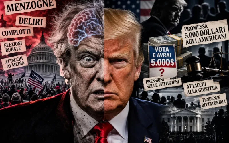 Donald Trump al centro di un collage editoriale su dichiarazioni contestate, elezioni, promessa di 5.000 dollari, pressioni sulle istituzioni e tendenze autoritarie.