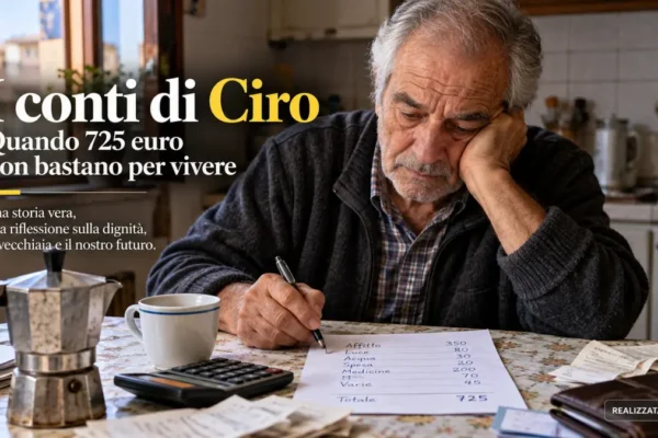 Ciro, anziano pensionato senza casa di proprietà, controlla le spese mensili al tavolo della cucina con una pensione di circa 725 euro.