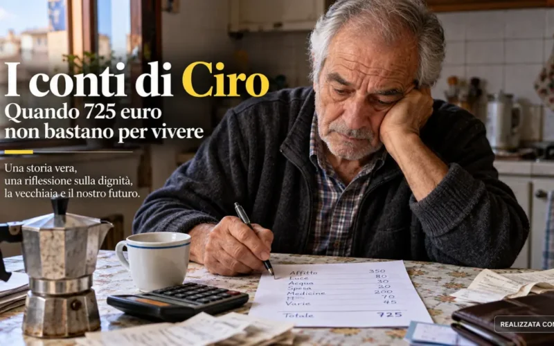 Ciro, anziano pensionato senza casa di proprietà, controlla le spese mensili al tavolo della cucina con una pensione di circa 725 euro.