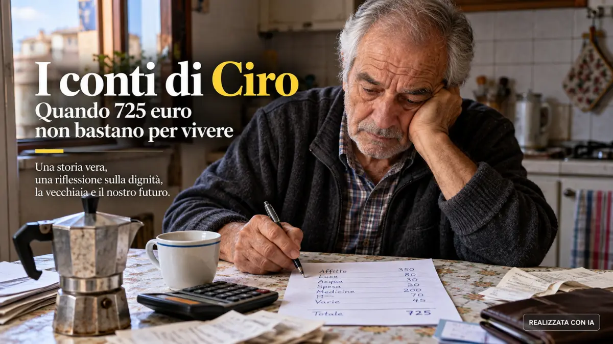 Ciro, anziano pensionato senza casa di proprietà, controlla le spese mensili al tavolo della cucina con una pensione di circa 725 euro.