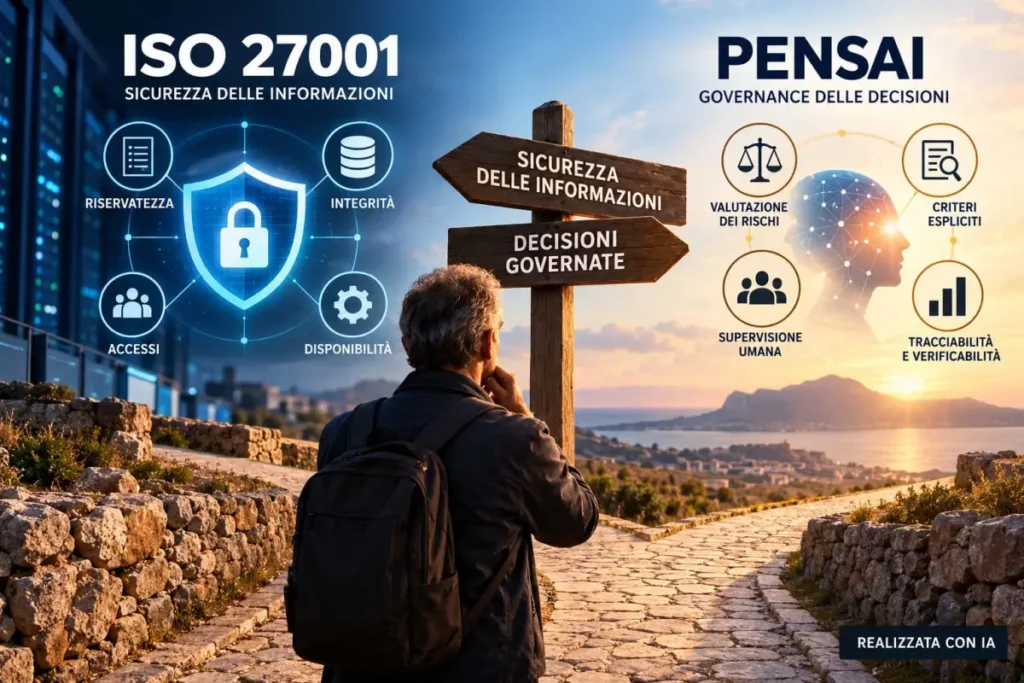 ISO 27001 e PENSAI: sicurezza delle informazioni e governance delle decisioni, con valutazione dei rischi, criteri espliciti, supervisione umana e tracciabilità. Immagine realizzata con IA.