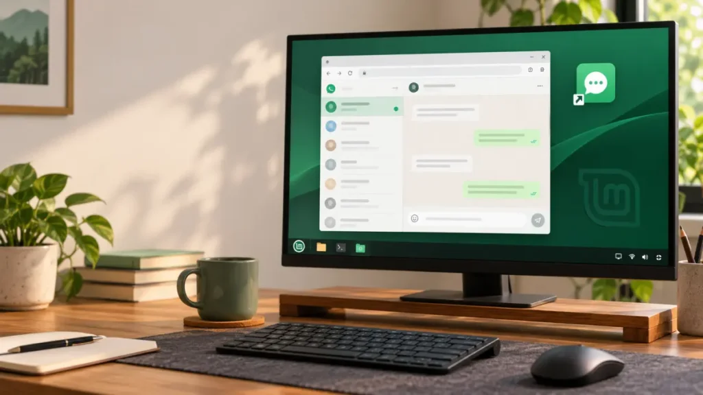 WhatsApp Web aperto in una finestra dedicata su Linux Mint, accanto all’icona sul desktop.