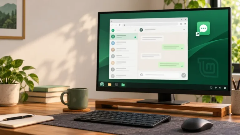 WhatsApp Web aperto in una finestra dedicata su Linux Mint, accanto all’icona sul desktop.