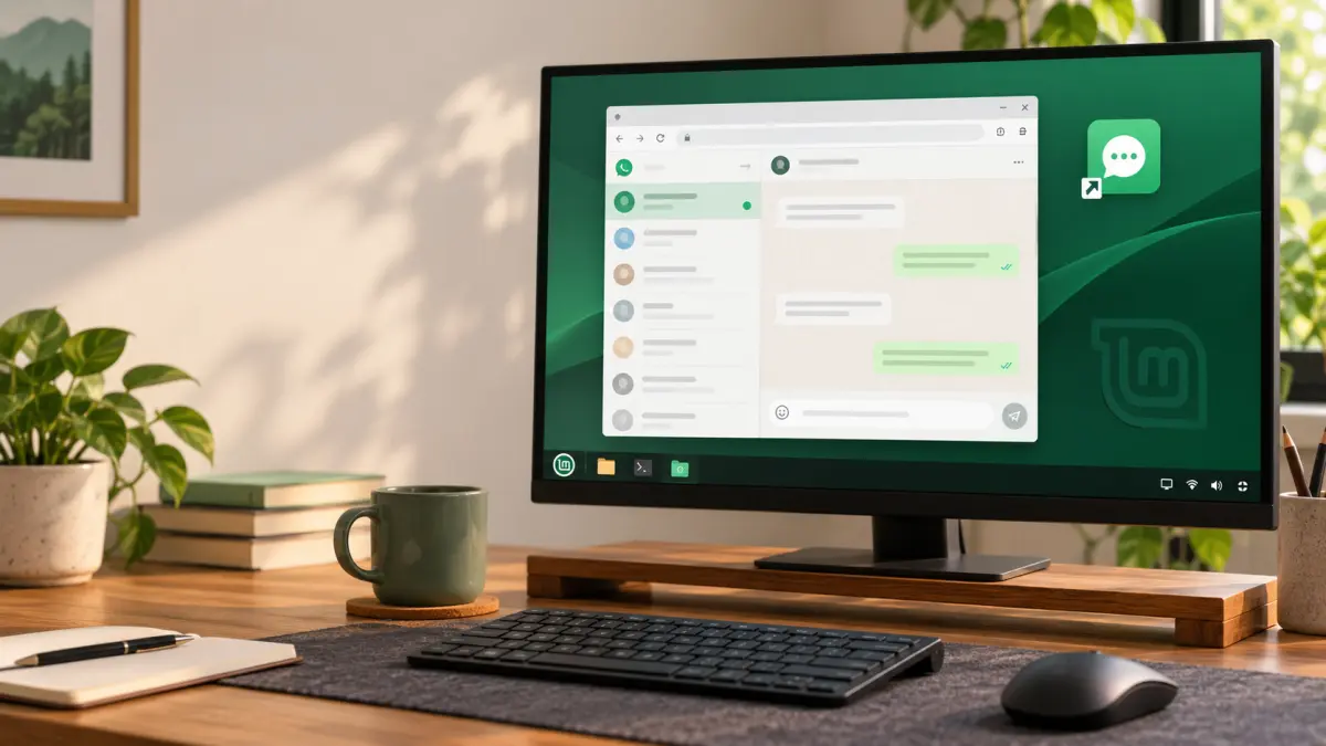WhatsApp Web aperto in una finestra dedicata su Linux Mint, accanto all’icona sul desktop.