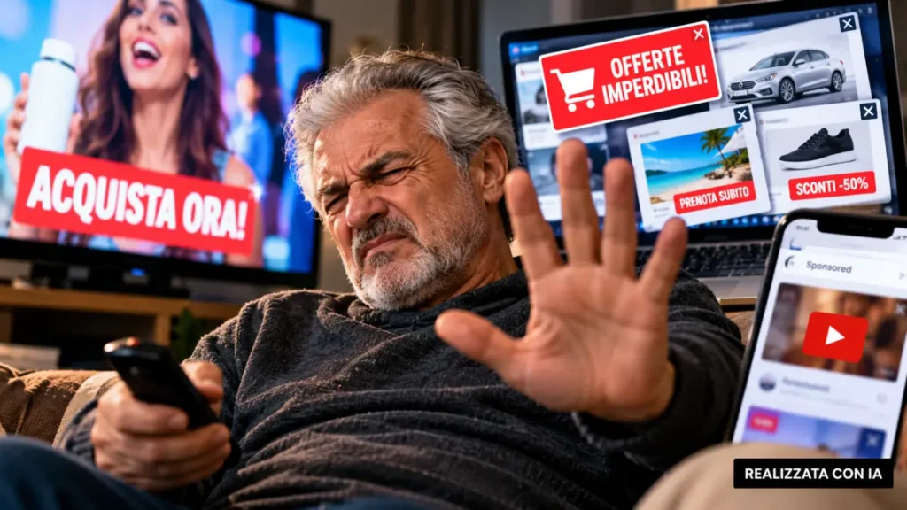 Persona infastidita dalle pubblicità invasive sullo schermo di un dispositivo.