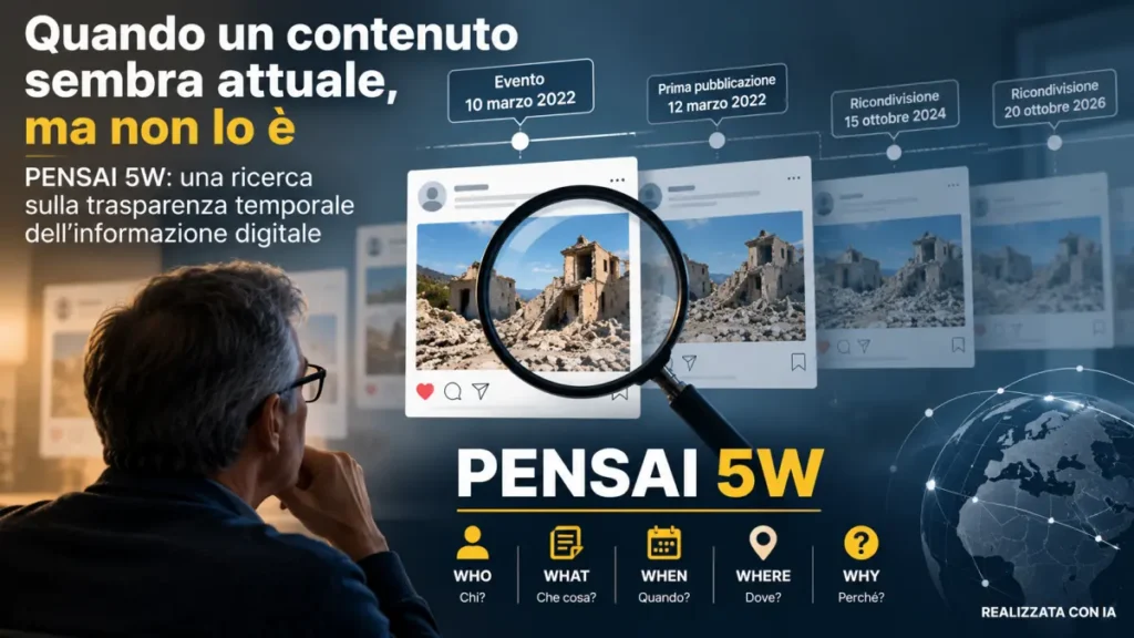 Grafica PENSAI 5W sulla trasparenza temporale dell’informazione digitale, con date di evento, prima pubblicazione e ricondivisione.