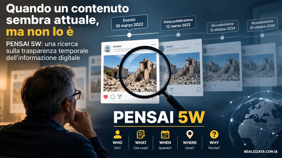 Grafica PENSAI 5W sulla trasparenza temporale dell’informazione digitale, con date di evento, prima pubblicazione e ricondivisione.