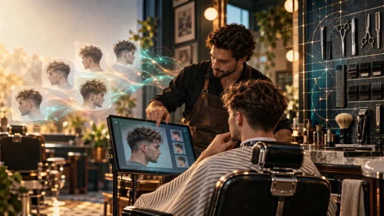 Barbiere e cliente valutano insieme suggerimenti di taglio generati dall’intelligenza artificiale