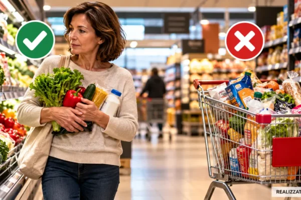 Persona che fa la spesa al supermercato senza carrello