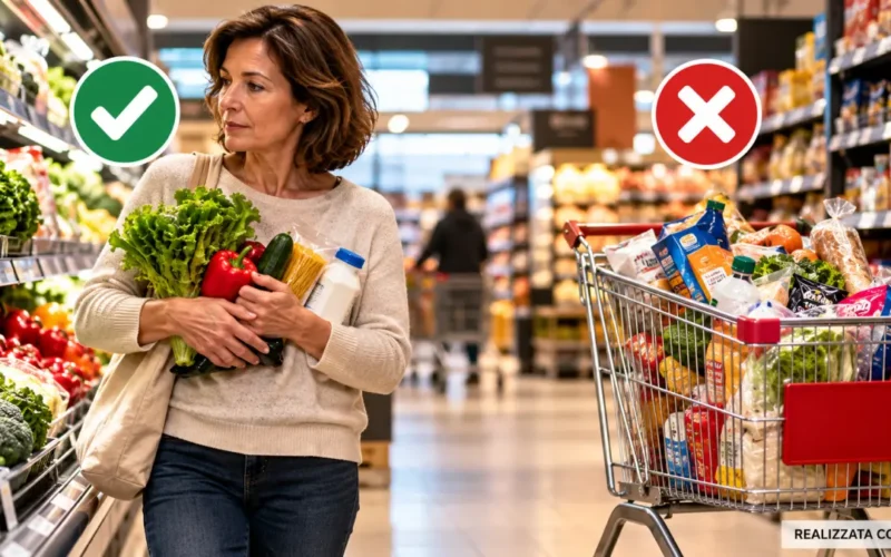 Persona che fa la spesa al supermercato senza carrello